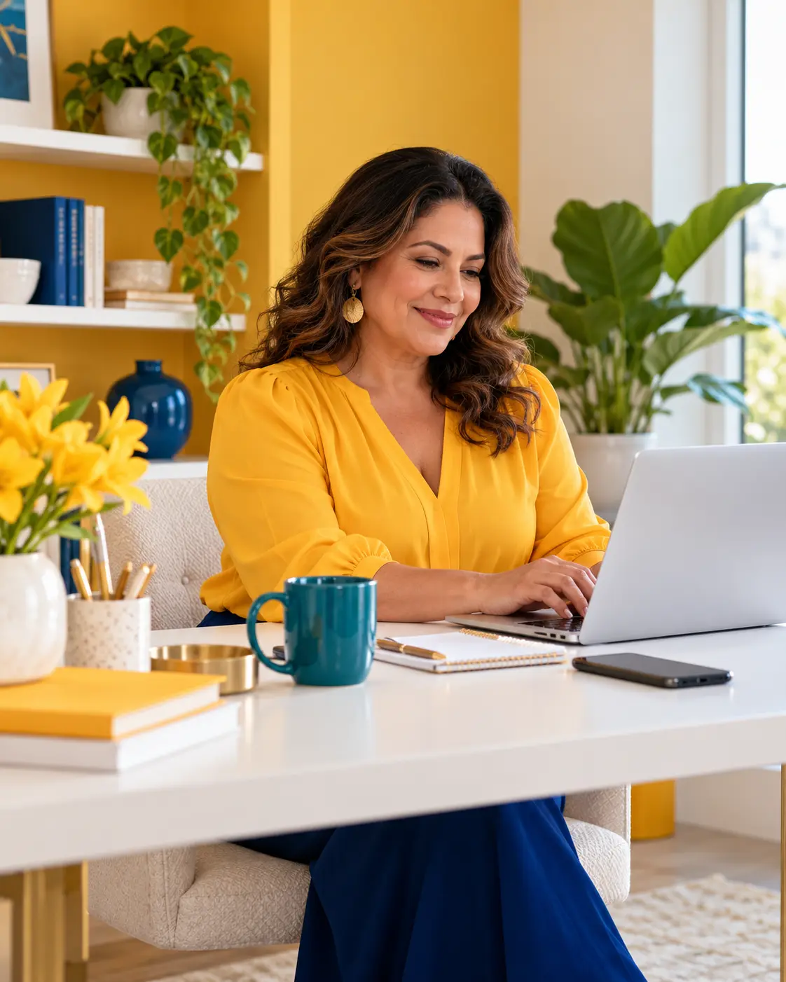 Entrepreneur working at her laptop in a golden home office