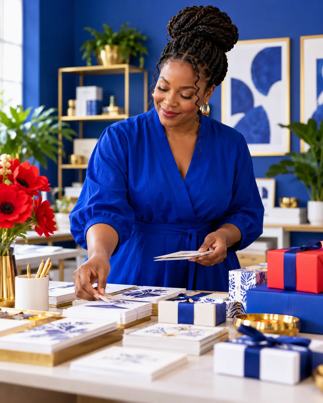 Creative director arranging brand stationery in a royal blue studio