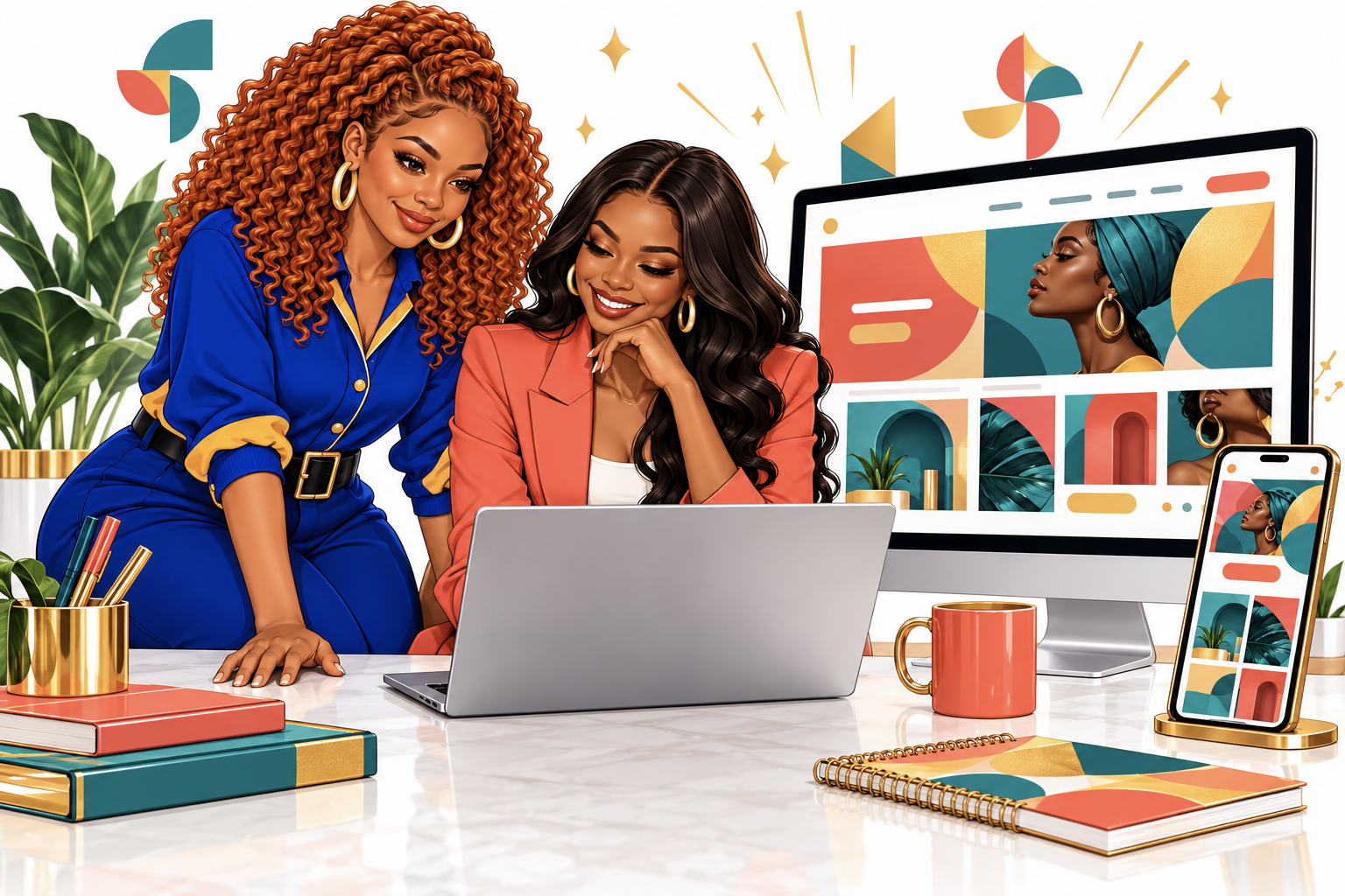 Illustration of two women entrepreneurs reviewing a brand website together