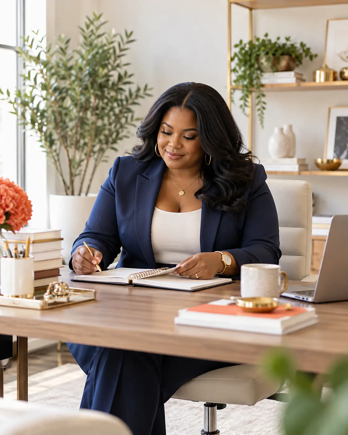 Consultant reviewing her notebook at her desk