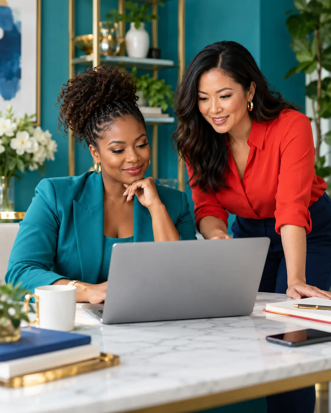 Two business partners reviewing a website together on a laptop
